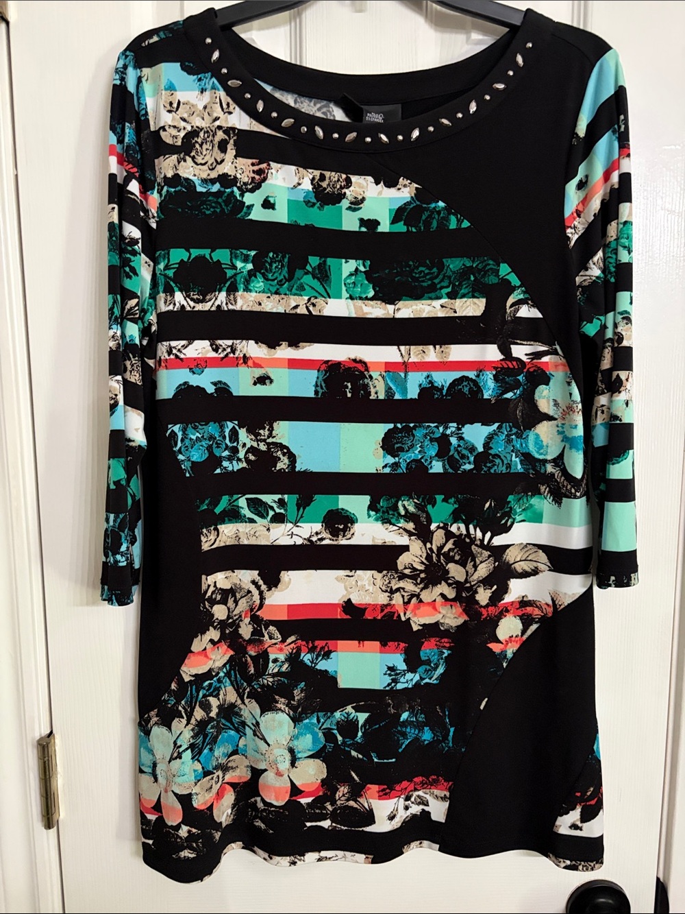 Style & Co. Black Floral Stripe Tunic with Teal and Coral Accents